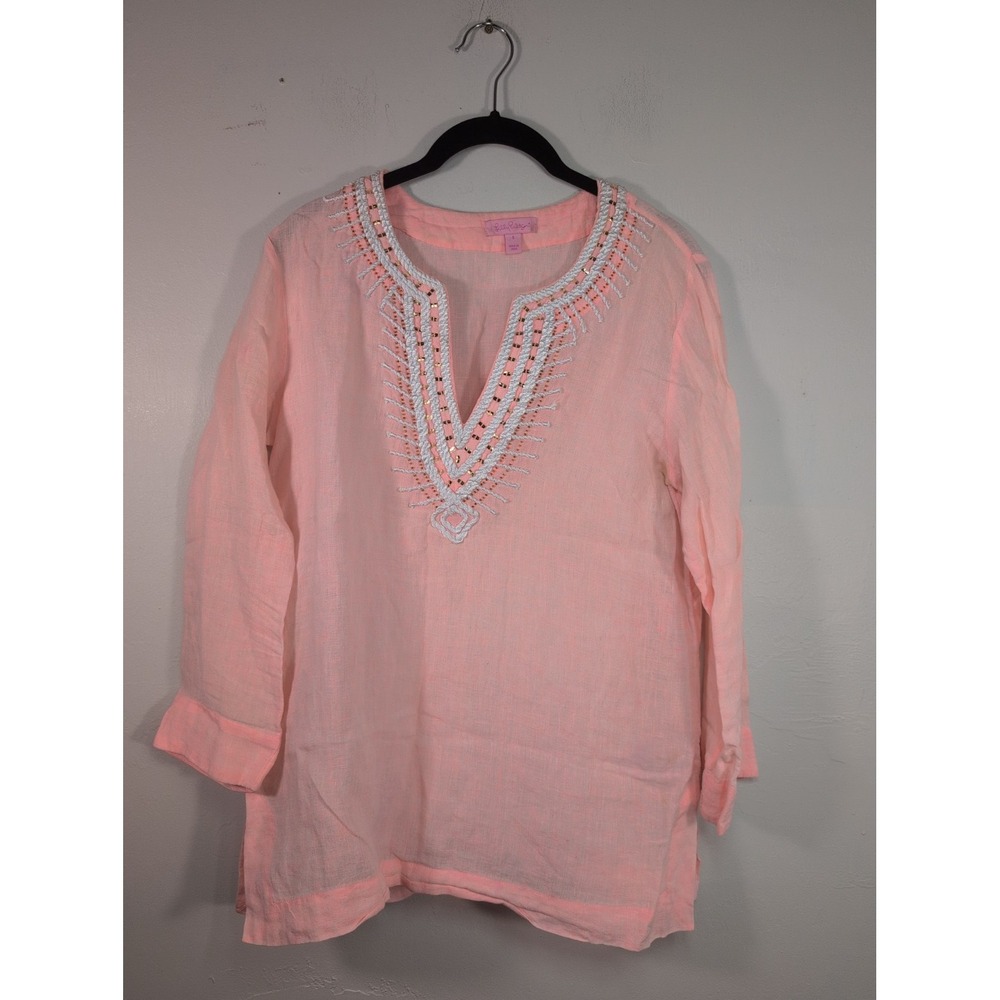 Lilly Pulitzer Pink 100% Linen Tunic Top Blouse Small